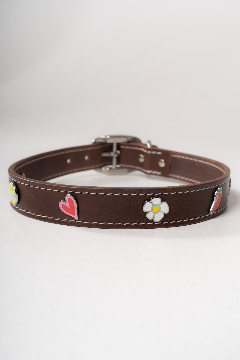 Handcrafted luxury leather collar by Mou Mou Couture with removable charms displayed on white background