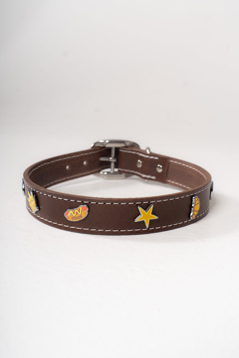 Handcrafted luxury leather collar by Mou Mou Couture with removable charms displayed on white background