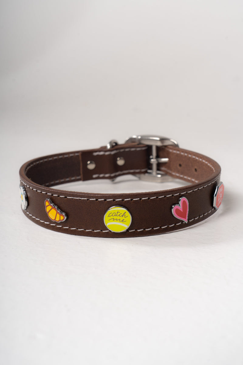 Handcrafted luxury dog collar with removable metal charms by Mou Mou Couture displayed on a white background