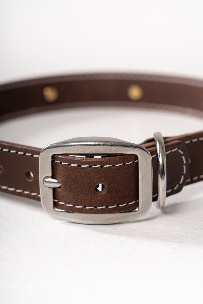 Handmade dog collar stainless steel buckle details by Mou Mou Couture displayed on a white background
