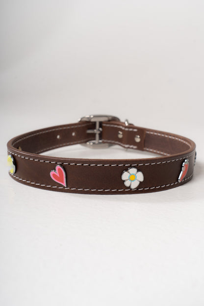 Handcrafted luxury leather collar by Mou Mou Couture with removable charms displayed on white background