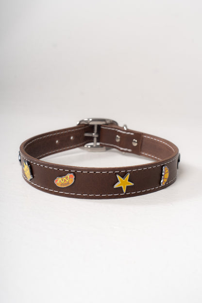 Handcrafted luxury leather collar by Mou Mou Couture with removable charms displayed on white background