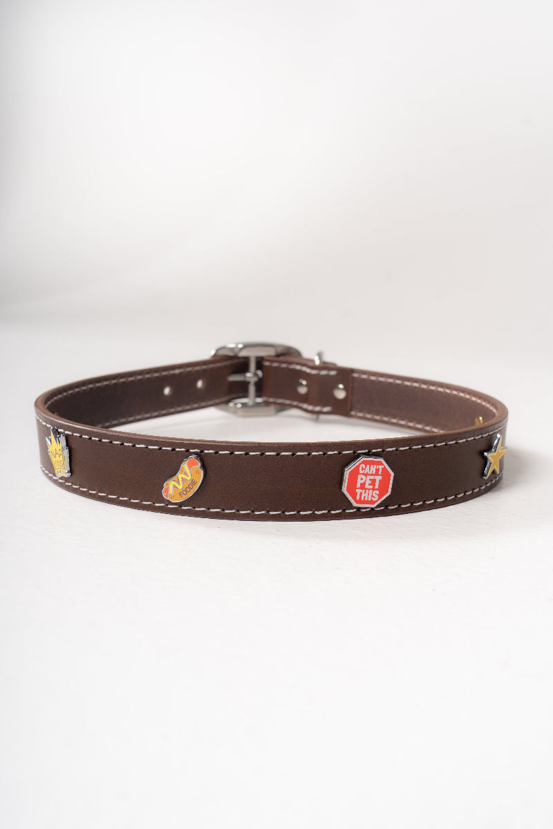 Handcrafted luxury leather collar by Mou Mou Couture with removable charms displayed on white background