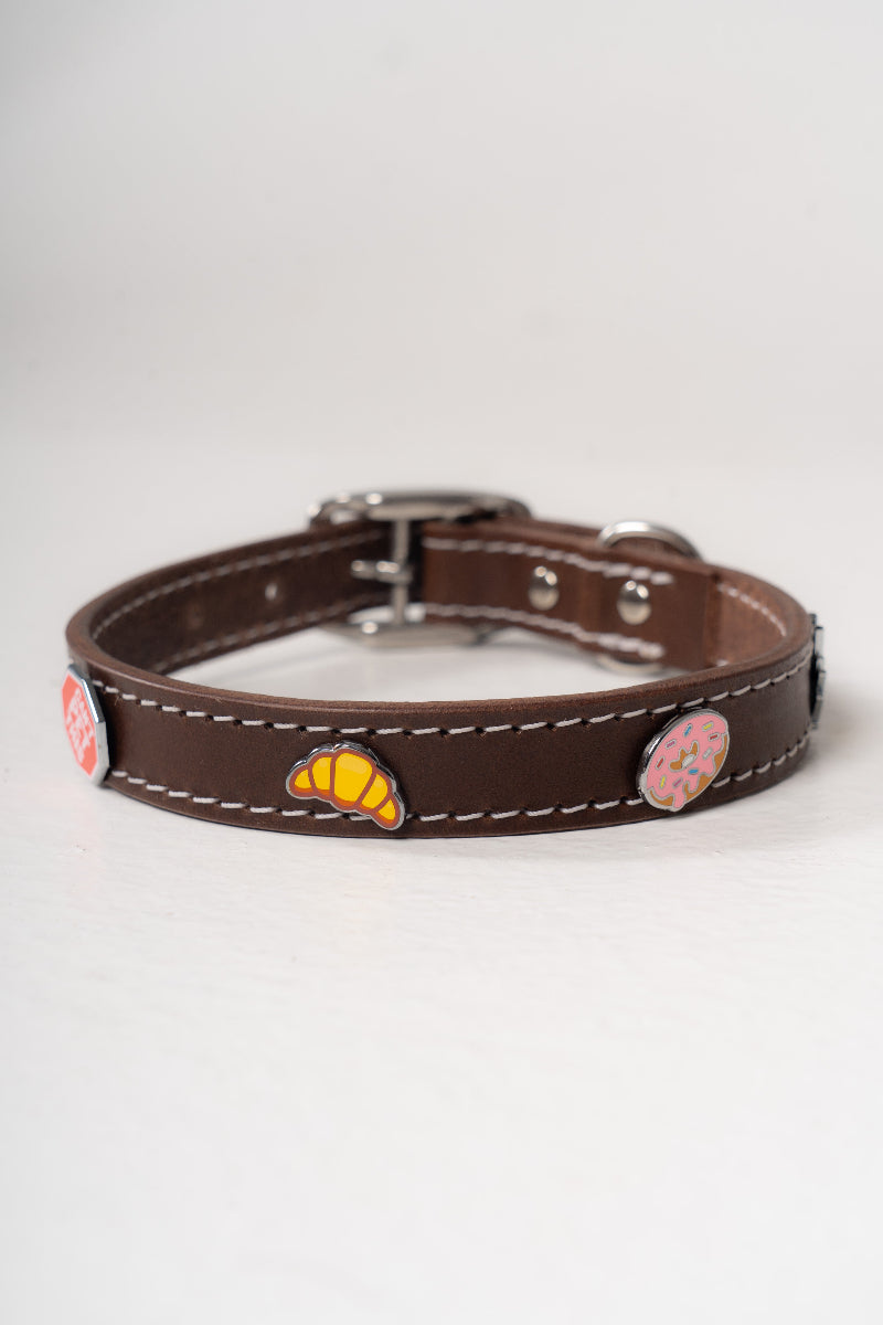 Handcrafted luxury leather collar by Mou Mou Couture with removable charms displayed on white background