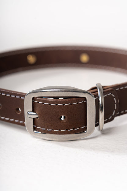 Handmade dog collar stainless steel buckle details by Mou Mou Couture displayed on a white background